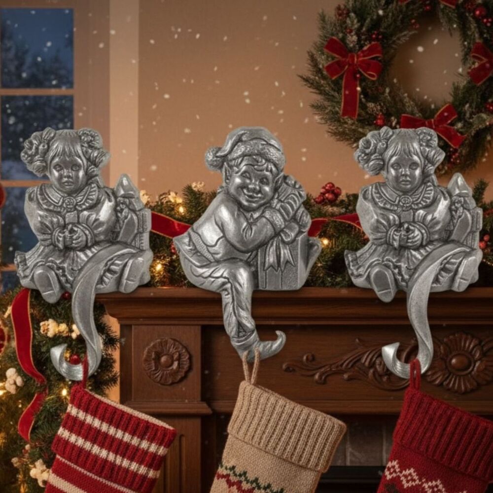 Carson Pewter Christmas Stocking Hooks Holders 2 Girl Dolls & 1 Elf Vtg Holiday